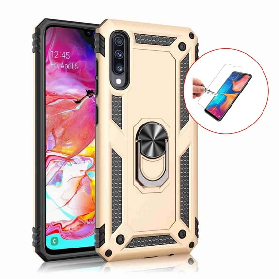 For Samsung Galaxy A50 With Tempered Glass Screen Protector, Rugged Hybrid Armor Anti-Scratch Shockproof Kickstand Cover Compatible Magnetic Car Mount Ring Grip, Gold