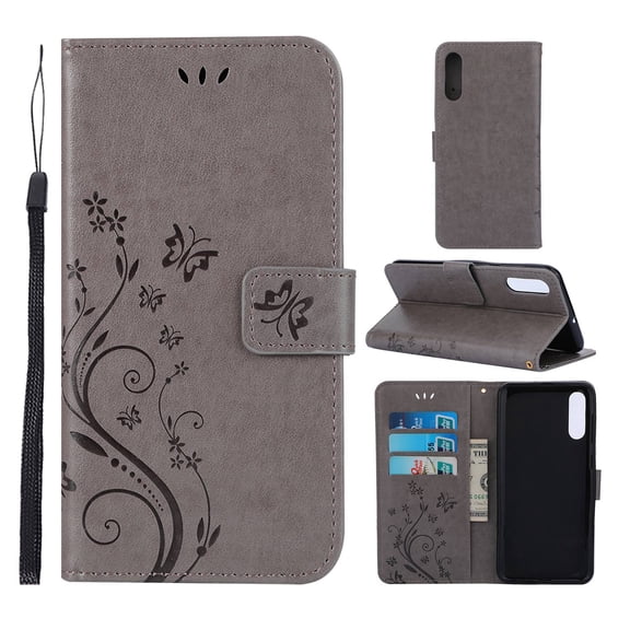 Samsung Galaxy A50 Wallet Case, Dteck Embossed Flower PU Leather Magnetic Flip Stand Case Cover [Built-in Card Slots][w/ Hand Strap] For Samsung Galaxy A50, Gray