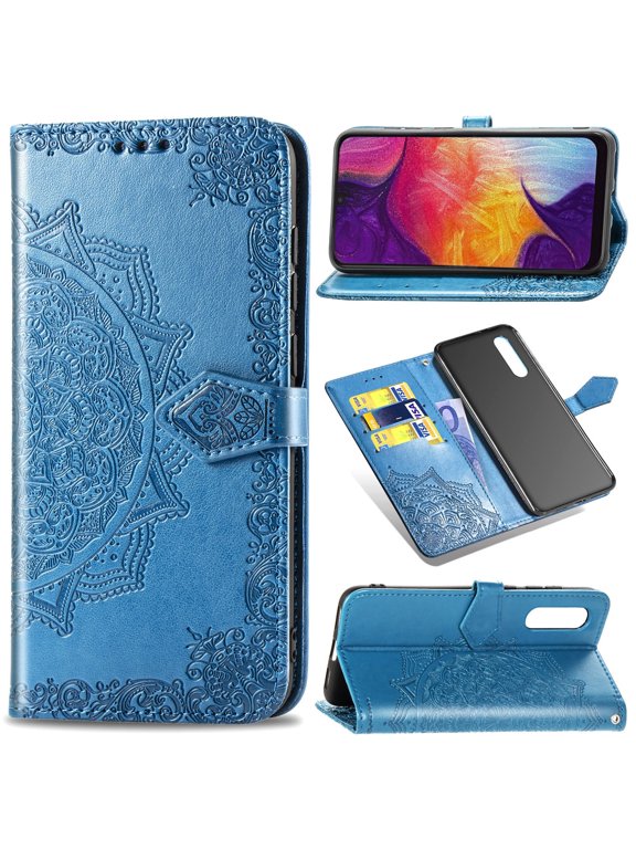 Samsung Galaxy A50 Wallet Case, Magnetic Flip Kicktand Hand Strap Premium PU Leather Phone Cover with Card Slots Holder, Blue