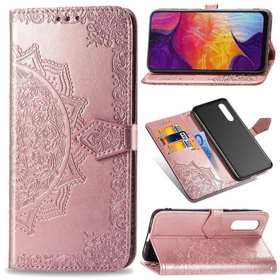 Samsung Galaxy A50 Wallet Case, Magnetic Flip Kicktand Hand Strap Premium PU Leather Phone Cover with Card Slots Holder, Rosegold