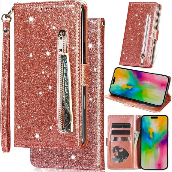 for Samsung Galaxy A51 (4G) Bling Patent Leather Phone Case, Sparkly Shiny Glossy Folio Flip Cover Kickstand Wallet Zipper Pocket Pouch, Card Holder Cash Slot, Magnetic Closure, Wrist Strap
