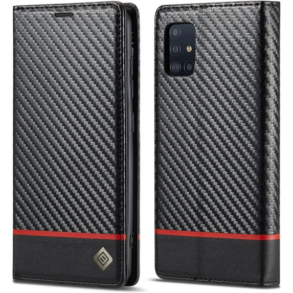 for Samsung Galaxy A51 4G Case, Carbon Fiber Premium PU Leather Ultra Thin Shookproof Anti-Fall Folding Screen Phone case Compatible with Galaxy A51 4G, Horizontal Red Line