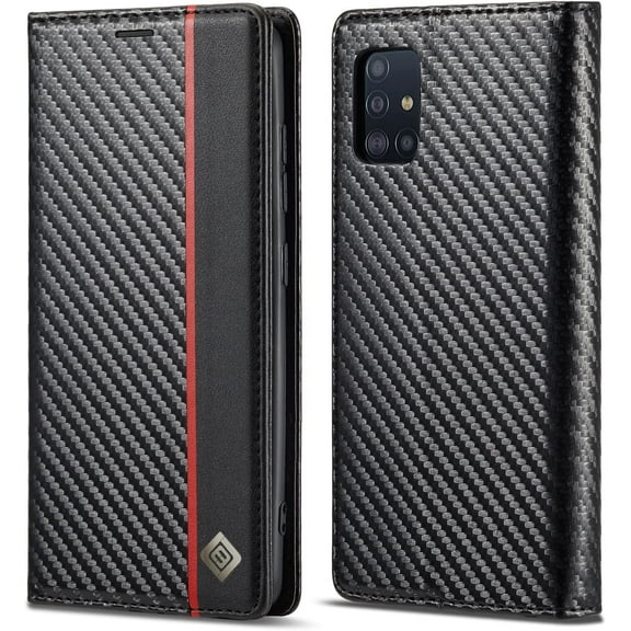 for Samsung Galaxy A51 4G Case, Carbon Fiber Premium PU Leather Ultra Thin Shookproof Anti-Fall Folding Screen Phone case Compatible with Galaxy A51 4G, Vertical Red Line