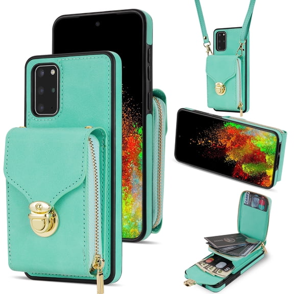 for Samsung Galaxy A51 4G Case Wallet with Shoulder Strap for Women - Crossbody Lanyard,Zipper Pocket,Credit Card Holder,Shockproof - Metal Buckle Closure Premium PU Leather Case, Mint