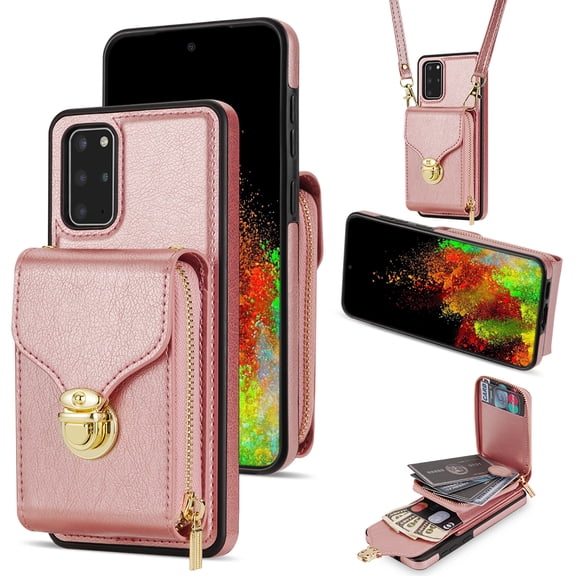 for Samsung Galaxy A51 4G Case Wallet with Shoulder Strap for Women - Crossbody Lanyard,Zipper Pocket,Credit Card Holder,Shockproof - Metal Buckle Closure Premium PU Leather Case, Rosegold