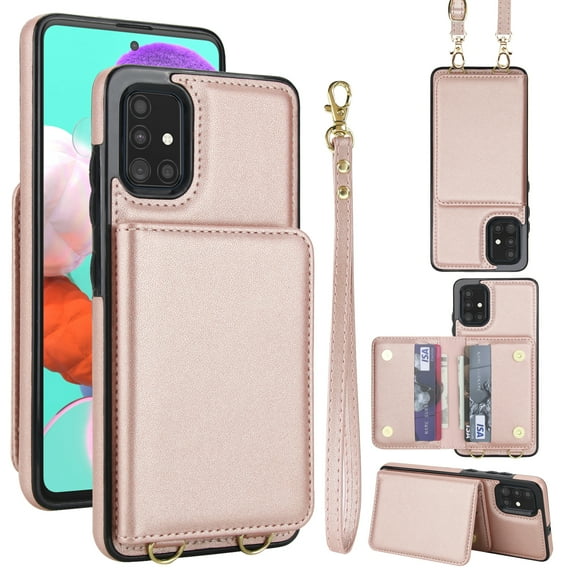 For Samsung Galaxy A51 4G Phone Case Wallet Card Holder,RFID Blocking PU Leather Back Magnetic Flip Kickstand Folio Case Wrist Lanyard & Crossbody Strap Protective Women Girls Cover,Rosegold
