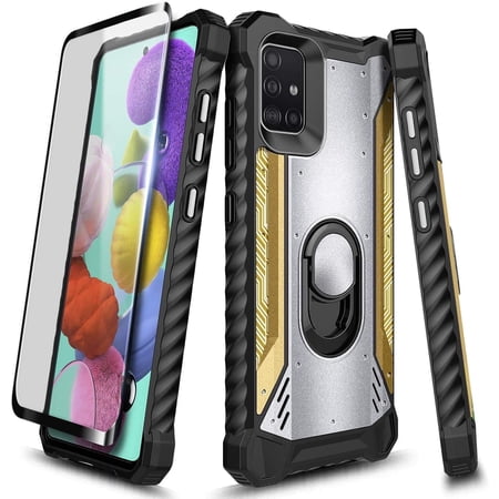 For Samsung Galaxy A51 5G [NOT FIT 4G] Case, with Tempered Glass Screen Protector (Full Coverage), Metal Built-in Ring Stand, Full-Body Protective Shockproof Military Bumper Phone Cover (Silver/Gold)