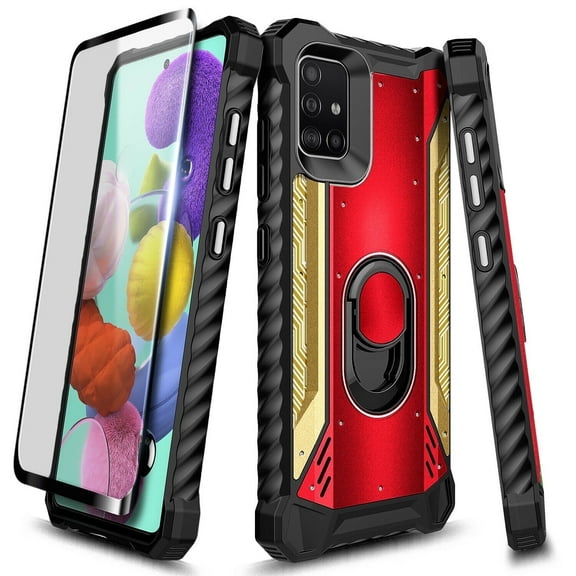 For Samsung Galaxy A51 5G [NOT FIT 4G] Case, with Tempered Glass Screen Protector (Full Coverage), Metal Built-in Ring Stand, Full-Body Protective Shockproof Military Bumper Phone Cover (Red/Gold)