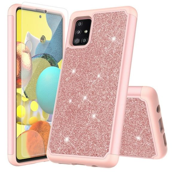 for Samsung Galaxy A51 5G (NOT FIT SAMSUNG A51) with Tempered Glass Phone Case Glitter Shock proof Edge Scratch Shield Hybrid Layers Slim Bumper Cover (Rose Gold)