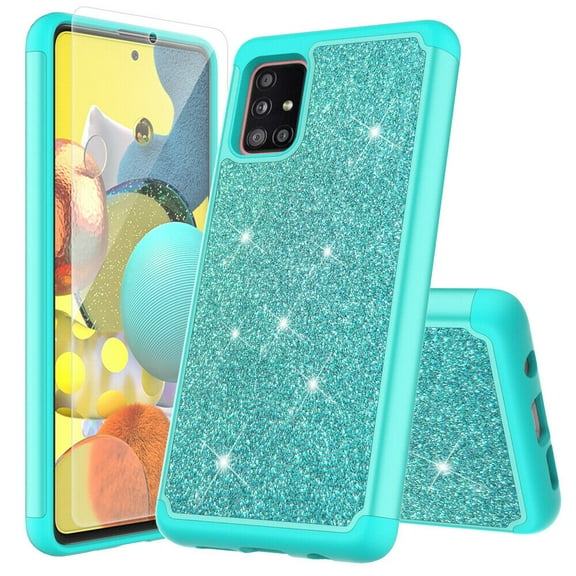 for Samsung Galaxy A51 5G (NOT FOR REG VER) Glitter Phone Case Dual Layer Full-Body Rugged Clear Back Case Drop Resistant Shockproof Case with Built In Screen Protector (Teal)