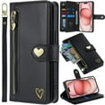 thumbnail image 1 of for Samsung Galaxy A51 (5G) Phone Case Leather Wallet Pocket Folio Flip Cover Kickstand, 3 Layer Multi Card Holder Cash Slot Photo Bag, Golden Love Zipper Puller + Magnetic Buckle, Wrist Strap, 1 of 8