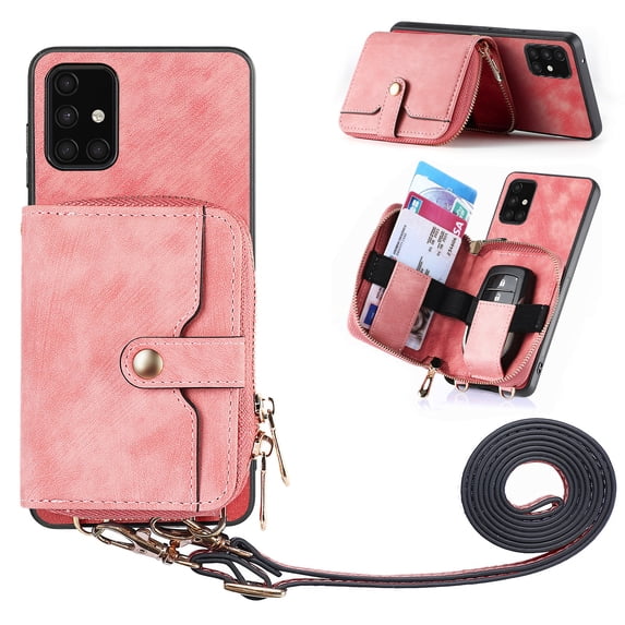 for Samsung Galaxy A51 5G Wallet Case, Crossbody Phone Purse with Card Holder for Women, Zipper PU Leather Carrying Cover Gift with Shoulder Strap Kickstand Anti-drop for A51 5G - Pink
