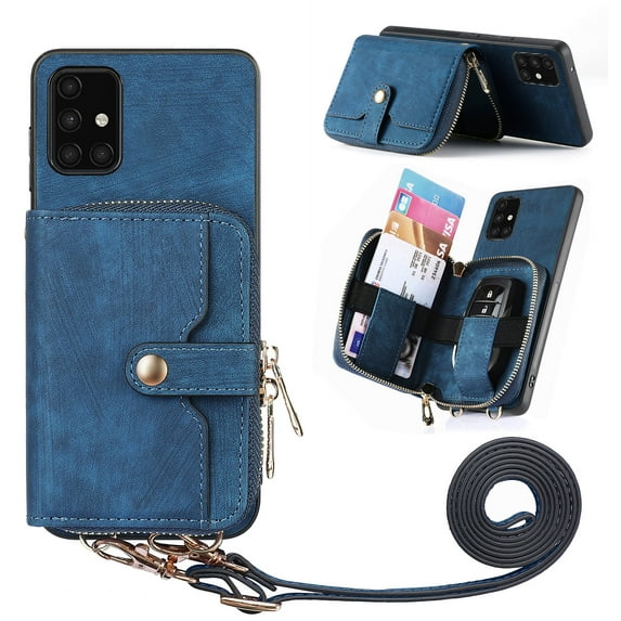 for Samsung Galaxy A51 5G Wallet Case, Crossbody Phone Purse with Card Holder for Women, Zipper PU Leather Carrying Cover Gift with Shoulder Strap Kickstand Anti-drop for A51 5G - Blue