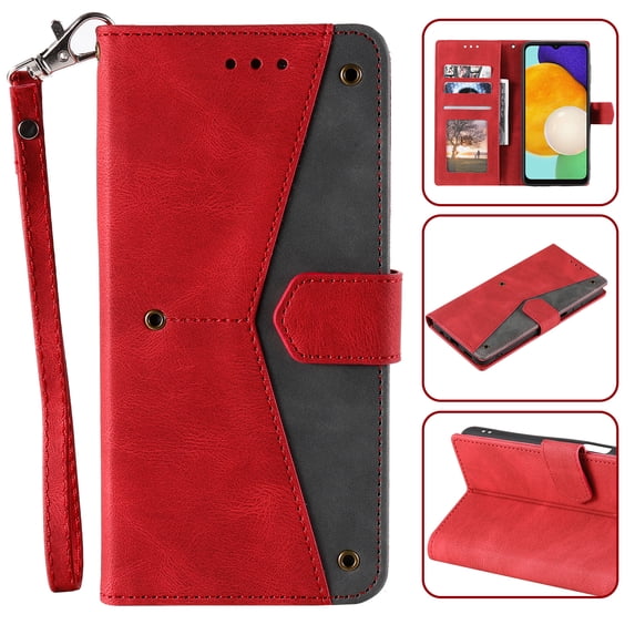 For Samsung Galaxy A51 5G Wallet Case with Wrist Strap, Premium PU Leather Flip Protective Cover RFID Blocking Card Holder & Cash Slot,Magnetic Closure Flip Kickstand Function for Men Women,Red