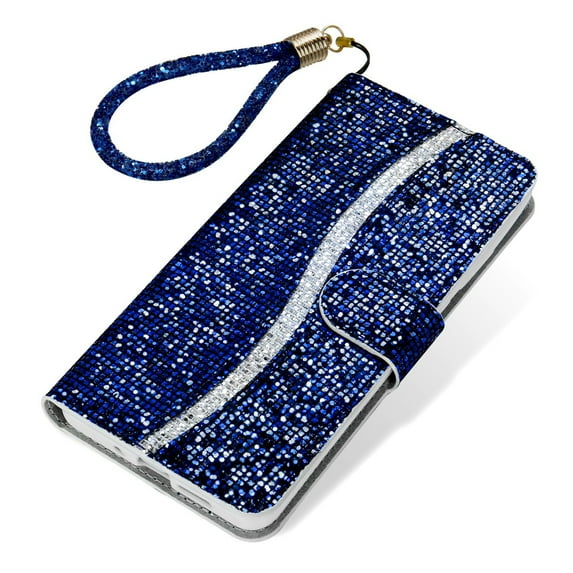 For Samsung Galaxy A51 Case 4G, Girly Bling Glitter Card/Credit Slot Wallet Case, Magnetic Wrist Hand Strap Shockproof Flip Stand PU Leather Shell For Samsung Galaxy A51 4G, Blue