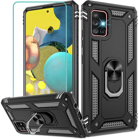 Samsung Galaxy A51 Case, with HD Screen Protector, Dual Guard Protection Series Case with Portable Magnetic Ring Stand for Samsung A51, Black