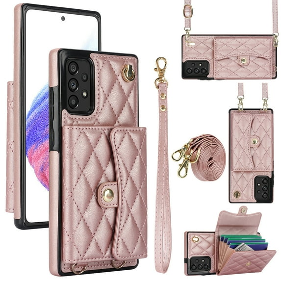 for Samsung Galaxy A52 4G/5G Case, Wallet Phone PU Leather Case with Card Holder Crossbody Cover for Women Girls Strap Wristlet RFID Blocking Shockproof Protective Cover for Samsung A52 4G/5G,Rosegold