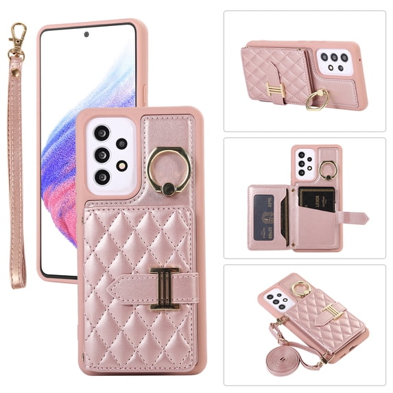 for Samsung Galaxy A52 4G/5G Detachable Shoulder Strap Wallet Case, with Card Slots & 360-degree Rotation Stand Ring Flip Premium PU Leather Protective Cover Lanyard for Women Girls, Rosegold