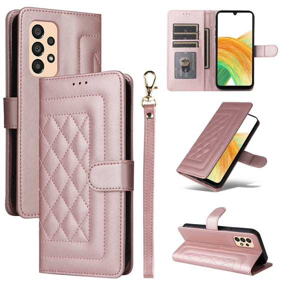 for Samsung Galaxy A52 4G/5G Thin Fit Case Cover, Premium PU Leather Magnetic Wallet Flip Case with Stand Bracket Holder Flip Cover with Card Slots and Wrist Strap for Galaxy A52 4G/5G - Rosegold