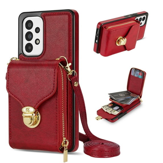 Samsung Galaxy A52 5G/4G Case with Card Holder for Women Phone Case Wallet with Strap Credit Card Slots Crossbody Strap with Kickstand Zipper Shockproof Case For Samsung Galaxy A52 5G/4G,Red