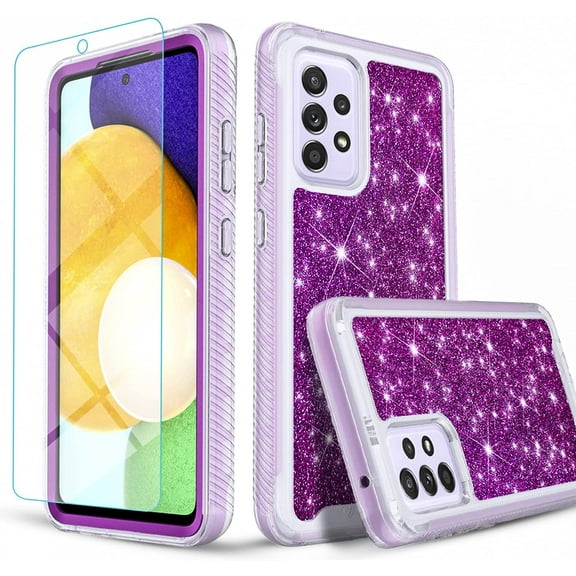 Samsung Galaxy A52 5G/4G Case, [Not Fit Samsung A51] with [Tempered Glass Screen Protector], Military Grade 12 Feet Drop Proof Phone Cover With Glitter Spot Diamond-Purple