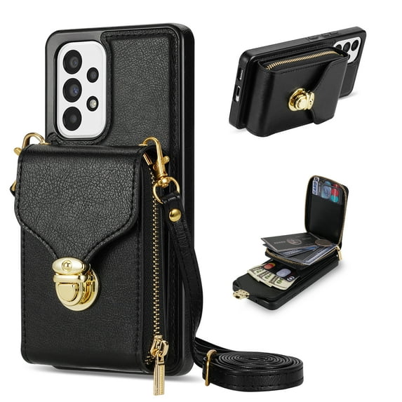 for Samsung Galaxy A52 5G/4G Case Wallet with Shoulder Strap for Women - Crossbody Lanyard,Zipper Pocket,Credit Card Holder,Shockproof - Metal Buckle Closure Premium PU Leather Case, Black