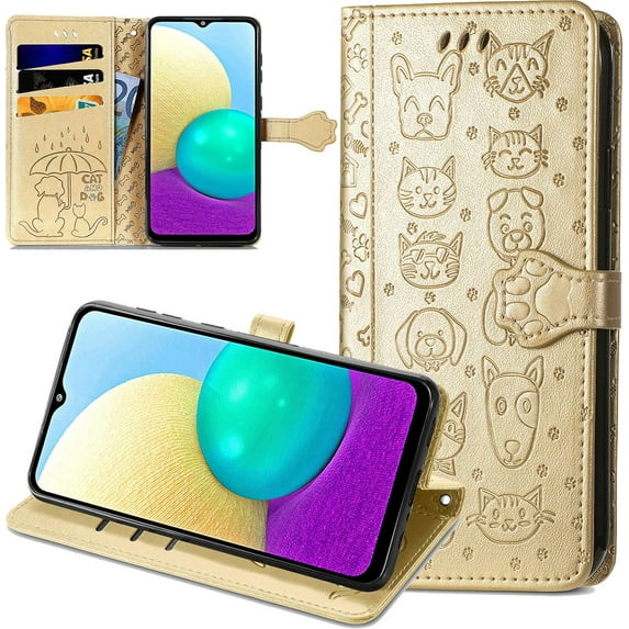 Samsung Galaxy A52 5G Cartoon Girl Wallet Case,Cat Dog Style Flip Phone Cover with Card Holder Wrist Strap & Screen Protector Kickstand PU Leather Cases for Samsung Galaxy A52 4G MG Gold