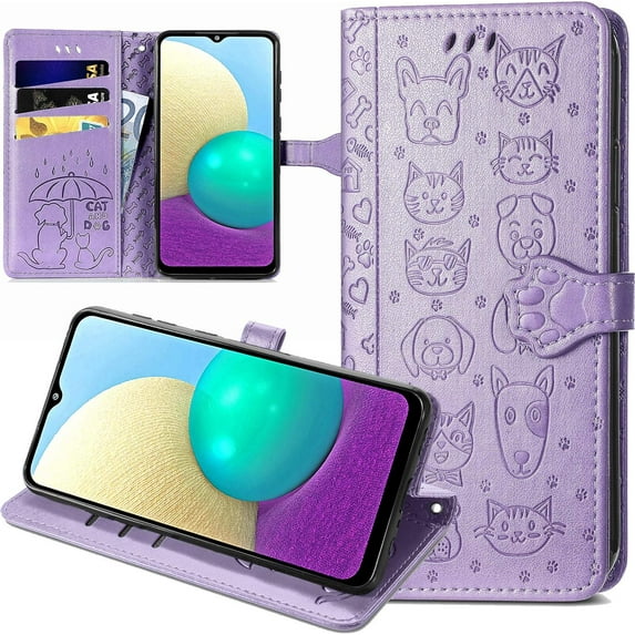 Samsung Galaxy A52 5G Cartoon Girl Wallet Case,Cat Dog Style Flip Phone Cover with Card Holder Wrist Strap & Screen Protector Kickstand PU Leather Cases for Samsung Galaxy A52 4G MG Purple