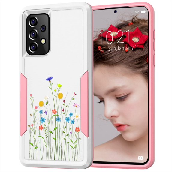for Samsung Galaxy A52 5G Case, Embossed Floral Pattern Designed Shockproof A52 4G Case, Dual Layer Defend Heavy-Duty Tough Cover Galaxy A52s 5G Case for Women Girl, Wildflowers-White