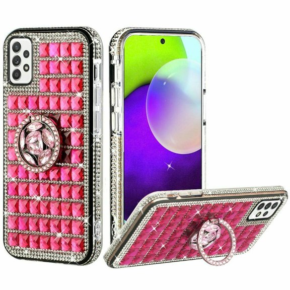 for Samsung Galaxy A52 5G with Tempered Glass Diamond Ring Phone Case Magnet Mount Ready Slip Guard Grids Pattern Kickstand Hybrid Slim Shock Bumper Cover