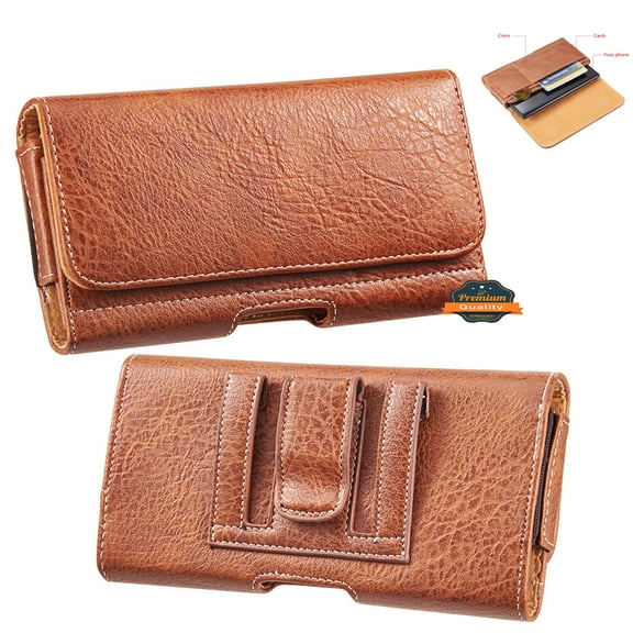 For Samsung Galaxy A52 5G Universal Horizontal Cell Phone Leather Pouch Holster Carrying Case with Credit Card Slots & Belt Clip Loop (Size 6.3") - Brown