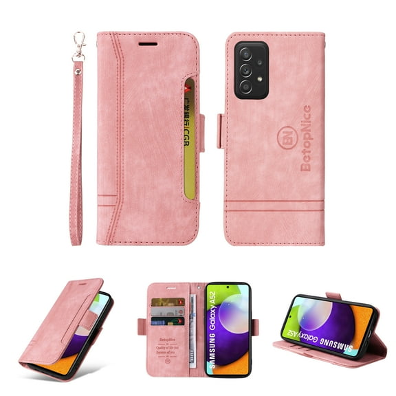 for Samsung Galaxy A52 Flip Case, Slide Card Pocket Premium PU Leather Folio Flip with Design Card Slots Wrist Strap Shockproof Kickstand Magnetic Protective Cover for Samsung A52, Pink