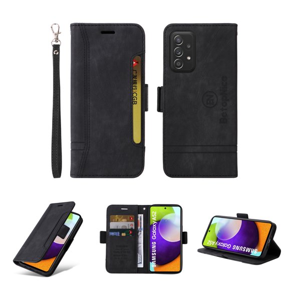 for Samsung Galaxy A52 Flip Case, Slide Card Pocket Premium PU Leather Folio Flip with Design Card Slots Wrist Strap Shockproof Kickstand Magnetic Protective Cover for Samsung A52, Black