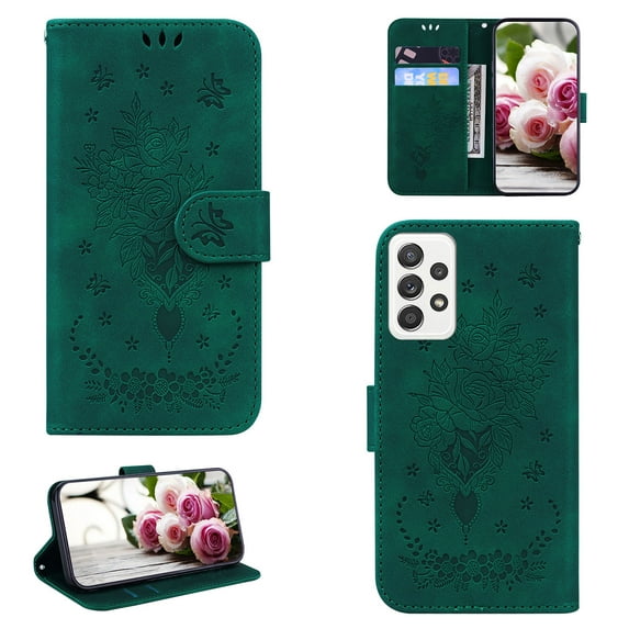 Samsung Galaxy A52 Phone Case, Butterfly Embossed Pattern PU Leather Magnetic Folio Flip Kickstand Protective Cards Pocket with Hand Strap Wallet Cover for Samsung Galaxy A52 5G/4G,Green