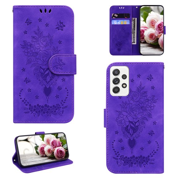 Samsung Galaxy A52 Phone Case, Butterfly Embossed Pattern PU Leather Magnetic Folio Flip Kickstand Protective Cards Pocket with Hand Strap Wallet Cover for Samsung Galaxy A52 5G/4G,Purple