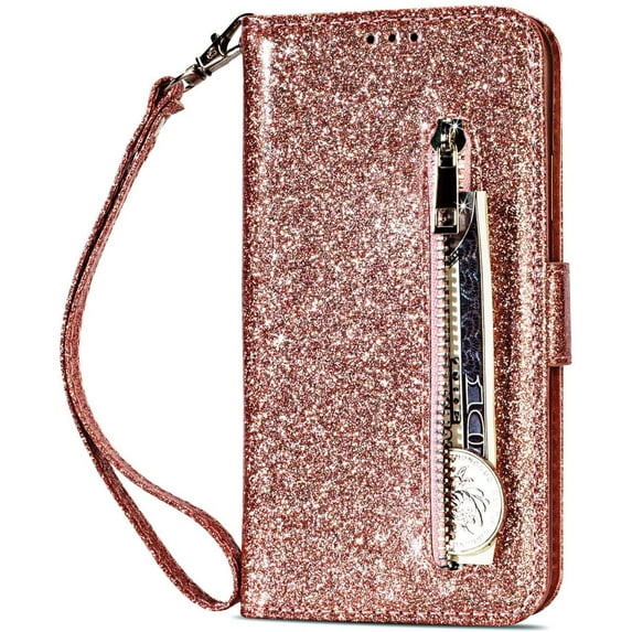 Samsung Galaxy A52 Wallet Case, Samsung Galaxy A52 Girly Glitter Sparkly Bling Leather Case Zipper Pocket with ID Card Holder Slot Shockproof Cover for Samsung Galaxy A52s SFLL Rose Gold