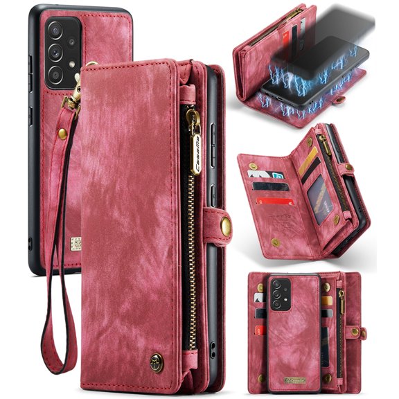 For Samsung Galaxy A52 Wallet Case,Multi-Functional Retro Leather Purse Flip Cover Zipper Wallet Case with Removable Card Slots Pocket & Detachable Wrist Strap Magnetic Phone Case, Red