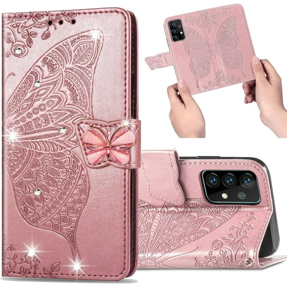 Samsung Galaxy A52 Wallet Case for Women,3D Butterfly Embossing Slim Flip PU Leather Phone Case Magnetic Closure for Credit Card Slots Holder Cover for Samsung Galaxy A52 Rhinestone Rose Gold