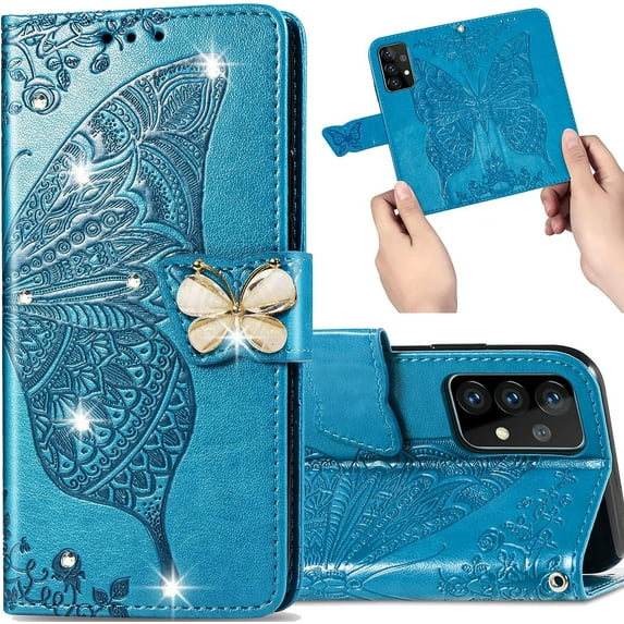 Samsung Galaxy A52 Wallet Case for Women,3D Butterfly Slim Flip PU Leather Phone Case Magnetic Closure for Credit Card Slots Holder Cover for Samsung Galaxy A52s/A52 HZD Rhinestone Blue