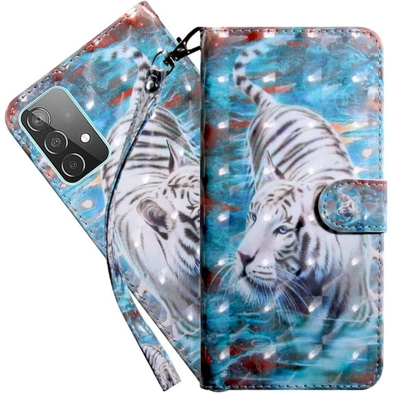 Samsung Galaxy A52 Wallet Case for Women, Premium PU Leather Prints Flip Cute Cover with Card Holder & Kickstand Feature Phone Case for Samsung Galaxy A52 Tiger