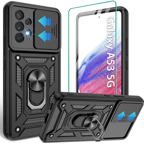 Samsung Galaxy A53 5G Case, Galaxy A53 5G Phone Case with HD Screen Protector, Heavy Duty Shockproof Phone Cover with Magnetic Kickstand Ring for Samsung A53 5G, Black
