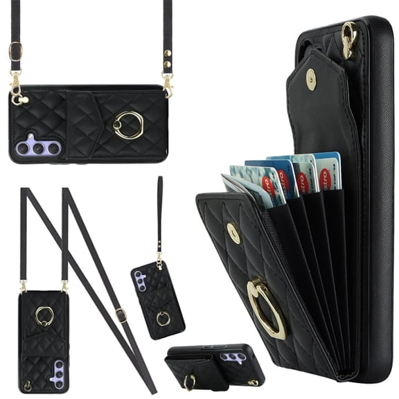 For Samsung Galaxy A53 5G Case Premium PU Leather Accordion Folding Wallet &Card Holder With RFID Shielding Material With Adjustable Ring Holder And Detachable Crossbody&Wrist Strap,black