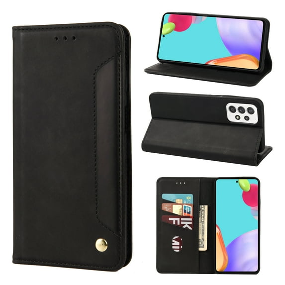 For Samsung Galaxy A53 5G Case Vintage PU Leather Wallet Case TPU Bumper [RFID Blocking Card Slots] [Hands-Free Kickstand] [Magnetic Closure] Shockproof Flip Folio Case,Black
