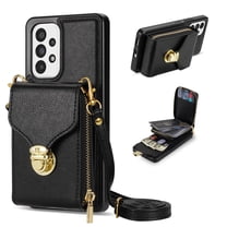 for Samsung Galaxy A53 5G Case Wallet with Shoulder Strap for Women - Crossbody Lanyard,Zipper Pocket,Credit Card Holder,Shockproof - Metal Buckle Closure Premium PU Leather Case, Black