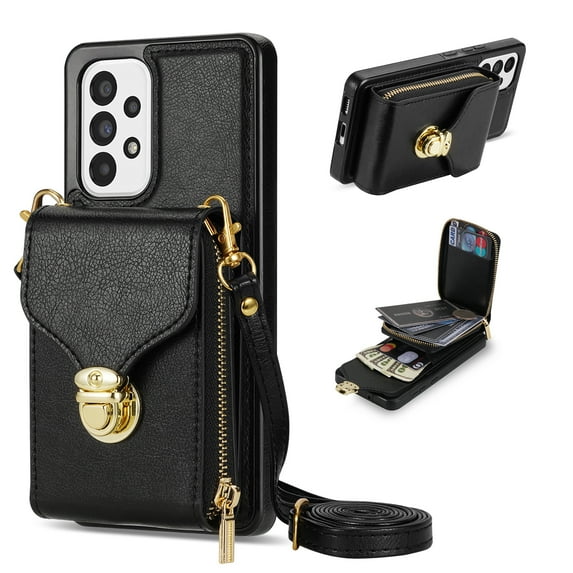 for Samsung Galaxy A53 5G Case Wallet with Shoulder Strap for Women - Crossbody Lanyard,Zipper Pocket,Credit Card Holder,Shockproof - Metal Buckle Closure Premium PU Leather Case, Black