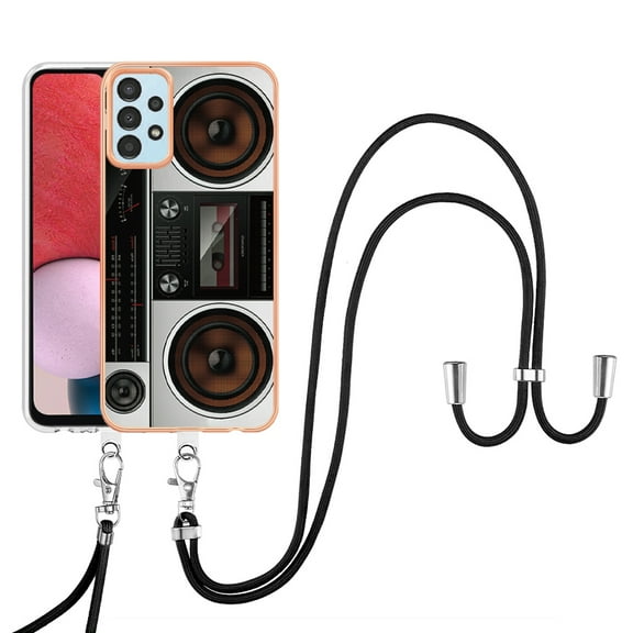 for Samsung Galaxy A53 5G Crossbody Strap Phone Case, Anti-Fall Pattern Clear Design Transparent Soft & Flexible TPU Drop and Shockproof Protective Cover with Adjustable Nylon Neck Strap, Retro Radio