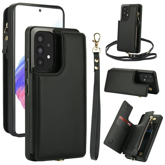 for Samsung Galaxy A53 5G Crossbody Wallet Phone Case with Card Holder&Zipper, Back Flip Folio PU Leather Kickstand Card Slots Double Magnetic Clasp Shockproof Case for Women Girls,Black