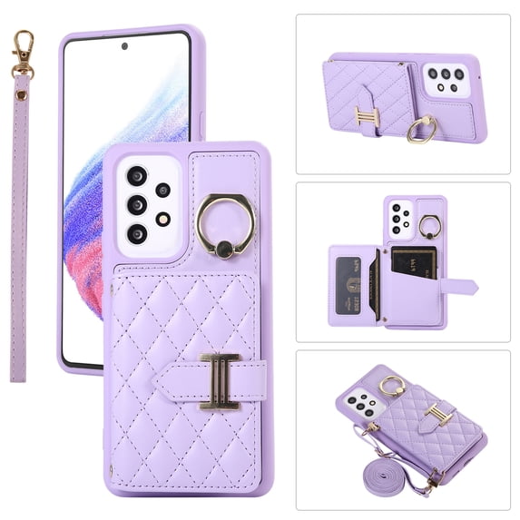 for Samsung Galaxy A53 5G Detachable Shoulder Strap Wallet Case, with Card Slots & 360-degree Rotation Stand Ring Flip Premium PU Leather Protective Cover Lanyard for Women Girls, Purple