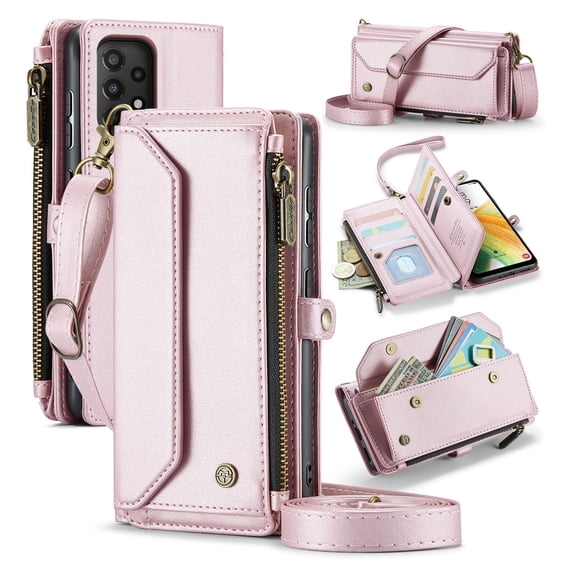 for Samsung Galaxy A53 5G Full Body Protection Wallet Folio Flip Case, Shoulder Strap & Wristlet Card Slots Zipper Pocket RFID Blocking Rugged Durable PU Leather Phone Case Cover, Pink