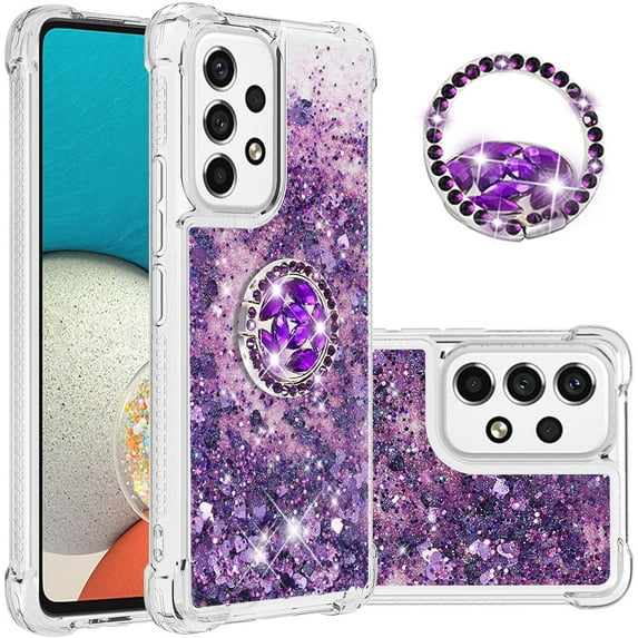 for Samsung Galaxy A53 5G Glitter Case with Ring Holder, Bling Sparkle Floating Liquid Soft TPU Cushion Fashion Girly Women Girls Clear Case Cover for Samsung Galaxy A53 5G Purple